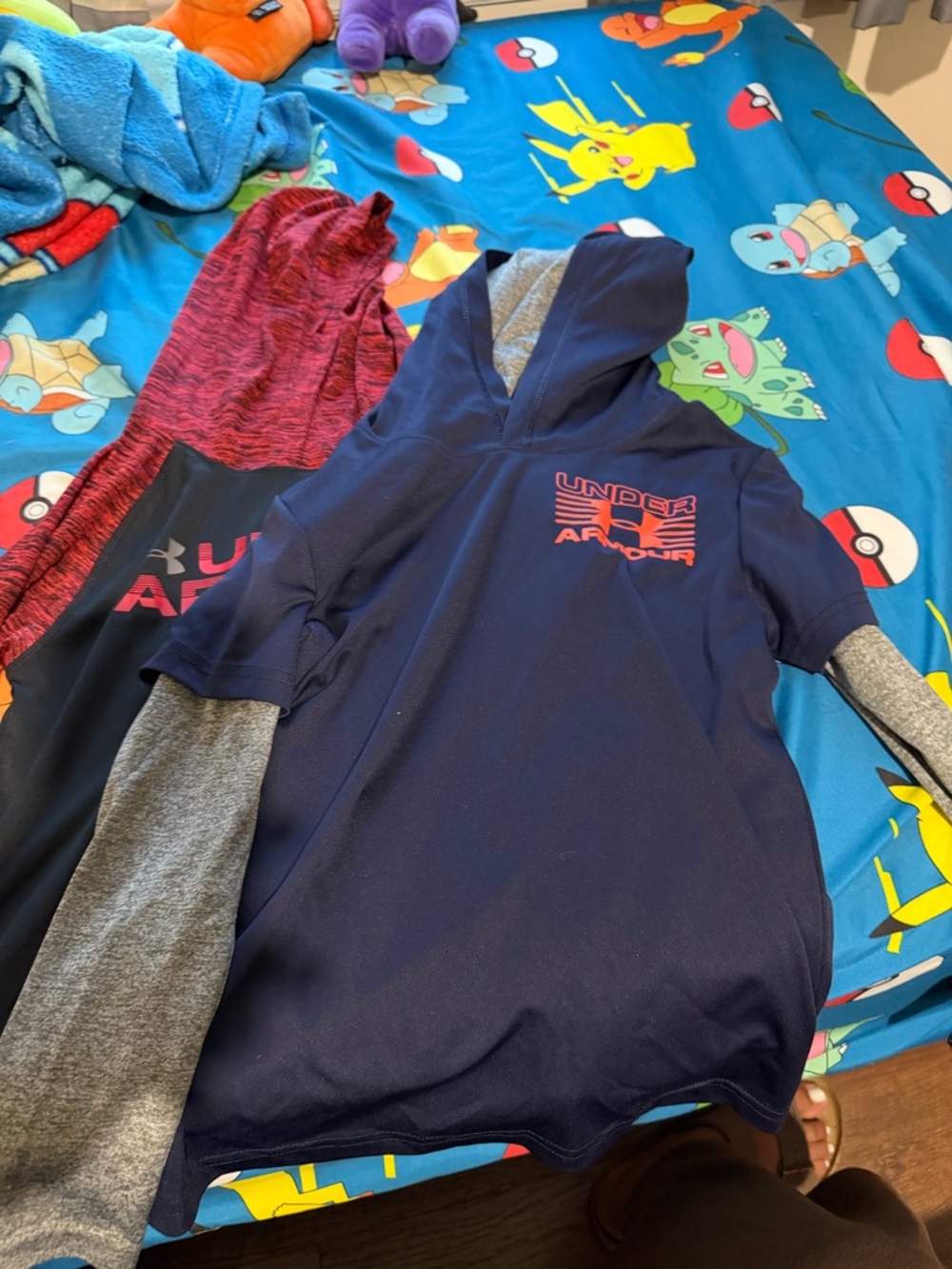 Under Armour Boys Navy Hoodie Layered-Look Shirt with Gray Sleeves